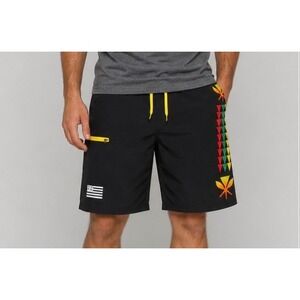 Wailoa Board Shorts Mens 35 Black Hawaiian Flag Tribal Graphic Swim Trunks Surf